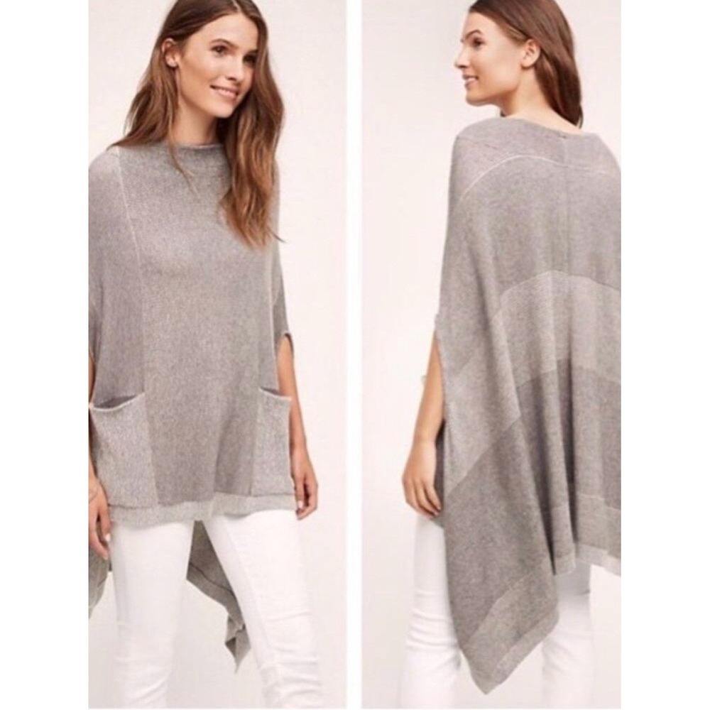 Anthropologie Women's Grey Knit Asymmetric Poncho Cape Pockets Color Block